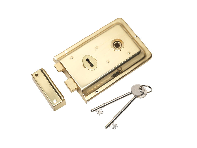 6 X 4" Rim Lock - Dual Handed C/W 2 Keys - Polished Brass