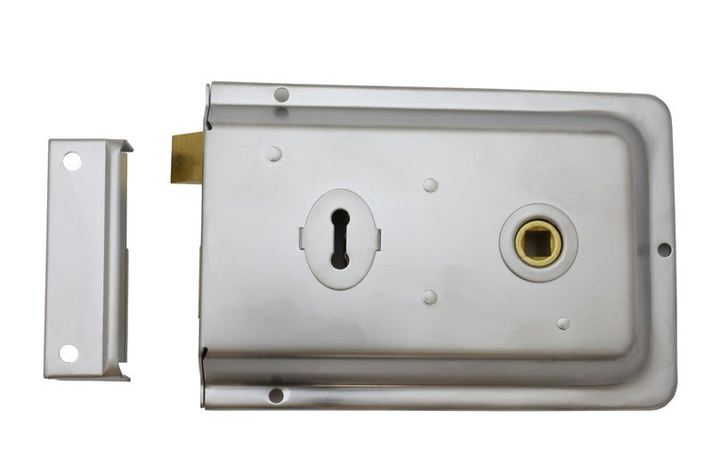6 X 4" Rim Lock - Dual Handed C/W 2 Keys - Satin Chrome