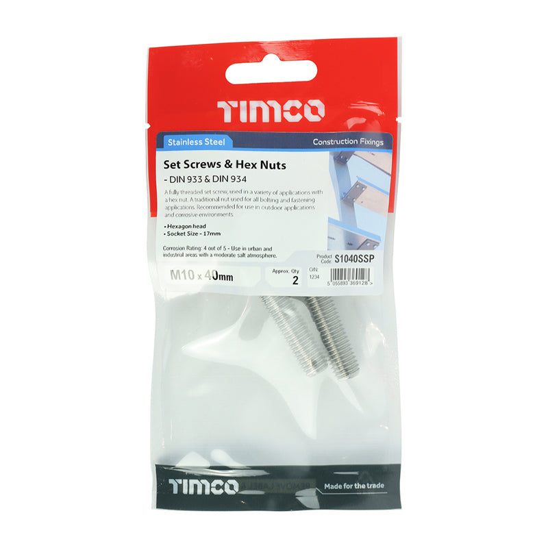 TIMCO Set Screws DIN933 Hex & Nut DIN934 Silver A2 Stainless Steel - M10 x 100
