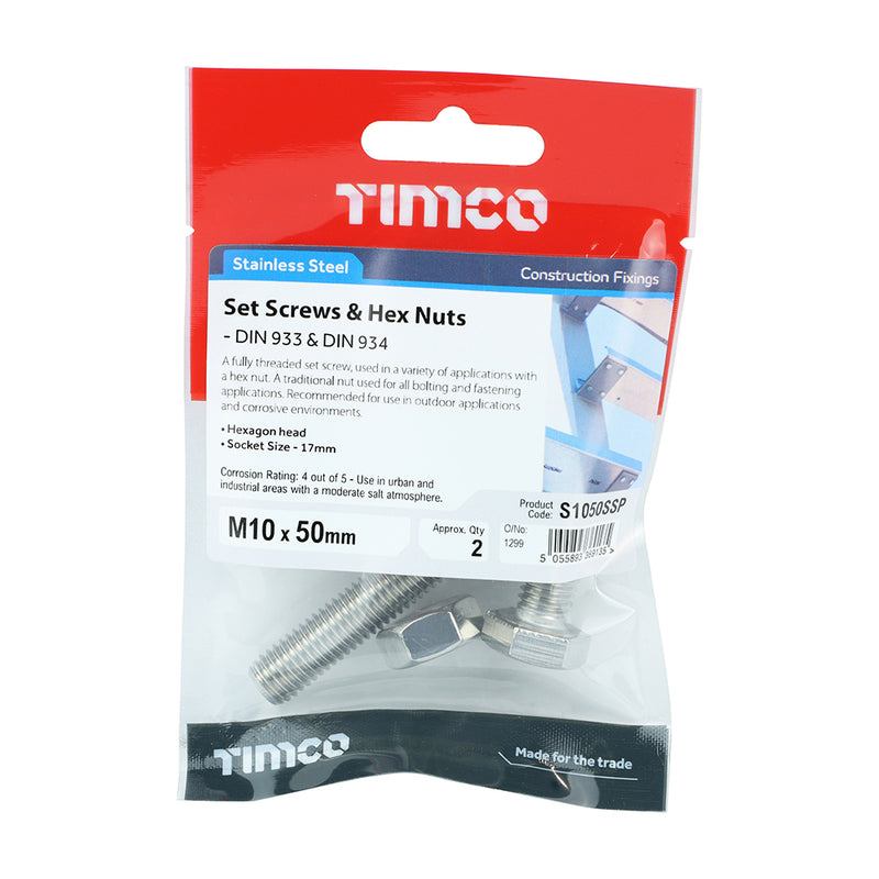 TIMCO Set Screws DIN933 Hex & Nut DIN934 Silver A2 Stainless Steel