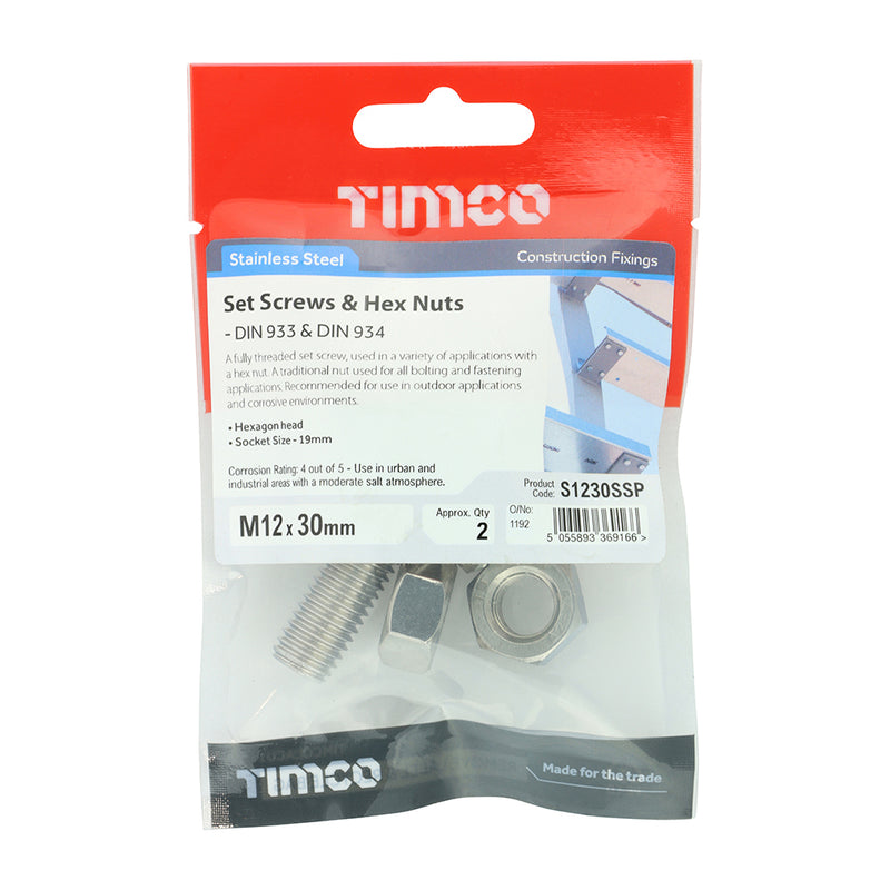 TIMCO Set Screws DIN933 Hex & Nut DIN934 Silver A2 Stainless Steel - M10 x 100