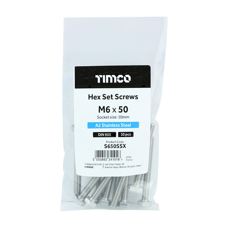 TIMCO Set Screws DIN933 A2 Stainless Steel - M10 x 100