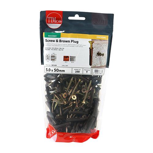 TIMCO Brown Premium Plastic Plugs With Twin-Threaded Countersunk Silver Woodscrews — Bag
