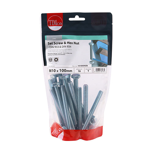 TIMCO Set Screws DIN933 Grade 8.8 & Hex Nut DIN934 Silver - M10 x 100