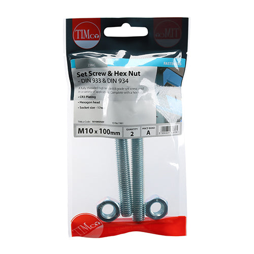 TIMCO Set Screws DIN933 Grade 8.8 & Hex Nut DIN934 Silver — Trade Pack
