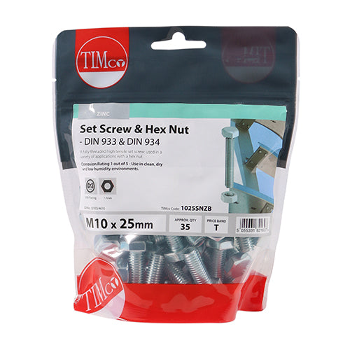 TIMCO Set Screws DIN933 Grade 8.8 & Hex Nut DIN934 Silver - M10 x 100
