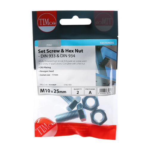 TIMCO Set Screws DIN933 Grade 8.8 & Hex Nut DIN934 Silver - M10 x 100