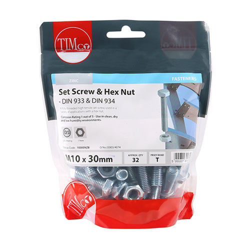 TIMCO Set Screws DIN933 Grade 8.8 & Hex Nut DIN934 Silver - M10 x 100