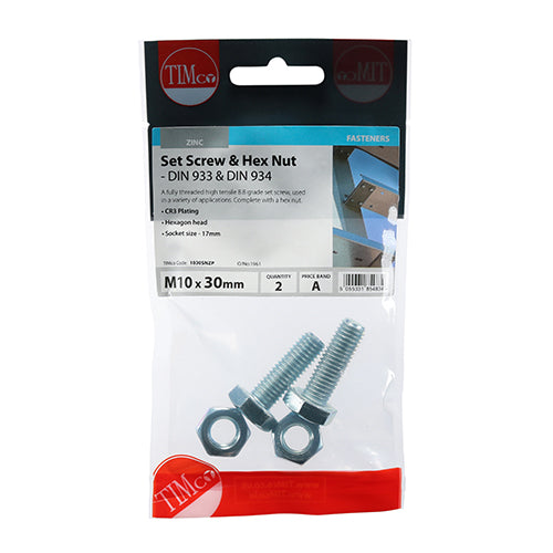TIMCO Set Screws DIN933 Grade 8.8 & Hex Nut DIN934 Silver - M10 x 100