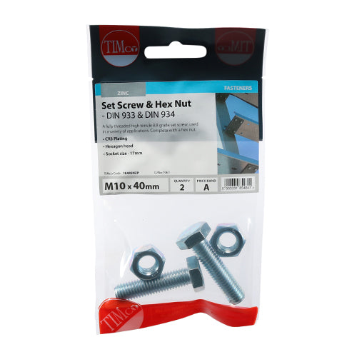 TIMCO Set Screws DIN933 Grade 8.8 & Hex Nut DIN934 Silver — Trade Pack