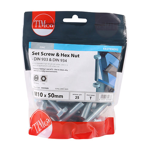 TIMCO Set Screws DIN933 Grade 8.8 & Hex Nut DIN934 Silver - M10 x 100