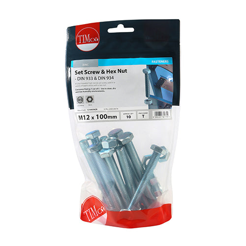 TIMCO Set Screws DIN933 Grade 8.8 & Hex Nut DIN934 Silver — Bag