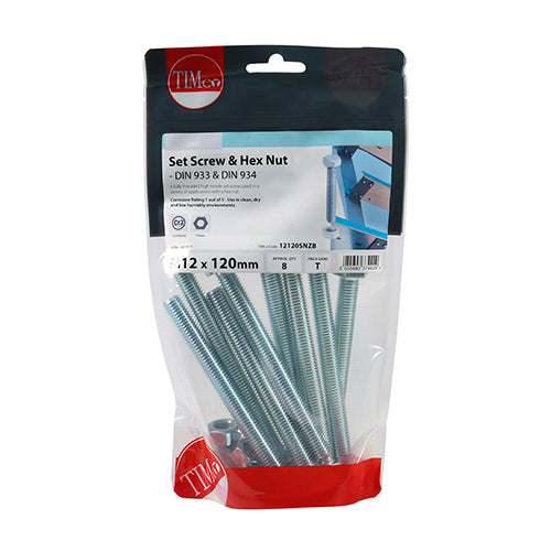 TIMCO Set Screws DIN933 Grade 8.8 & Hex Nut DIN934 Silver — Bag