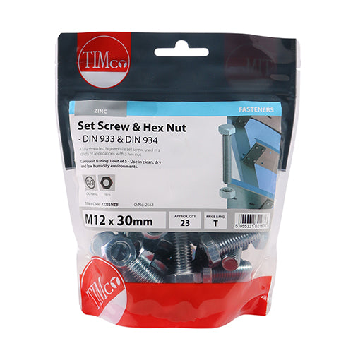 TIMCO Set Screws DIN933 Grade 8.8 & Hex Nut DIN934 Silver — Bag