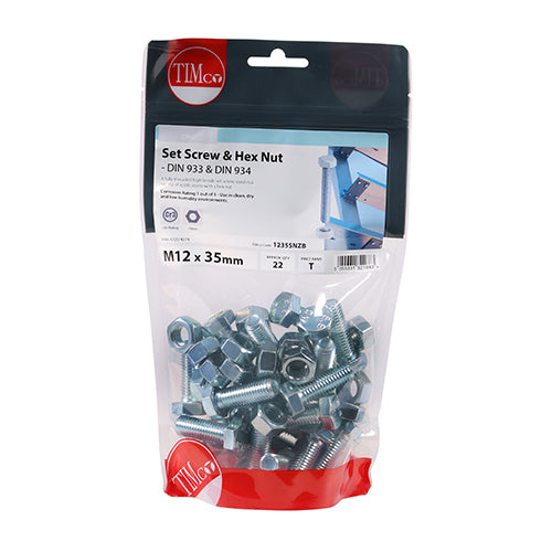 TIMCO Set Screws DIN933 Grade 8.8 & Hex Nut DIN934 Silver — Bag