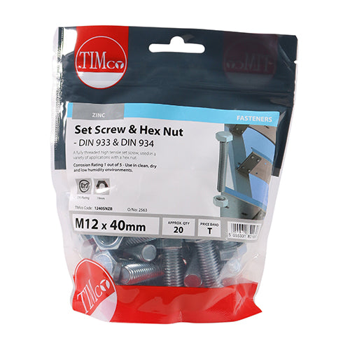 TIMCO Set Screws DIN933 Grade 8.8 & Hex Nut DIN934 Silver — Bag