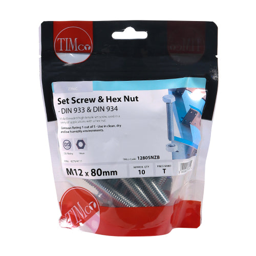 TIMCO Set Screws DIN933 Grade 8.8 & Hex Nut DIN934 Silver — Bag