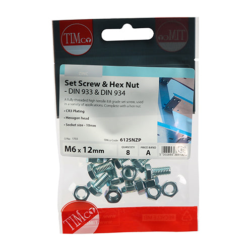 TIMCO Set Screws DIN933 Grade 8.8 & Hex Nut DIN934 Silver — Trade Pack