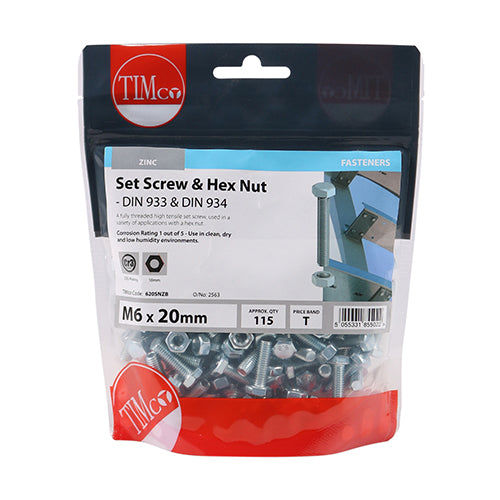 TIMCO Set Screws DIN933 Grade 8.8 & Hex Nut DIN934 Silver — Bag