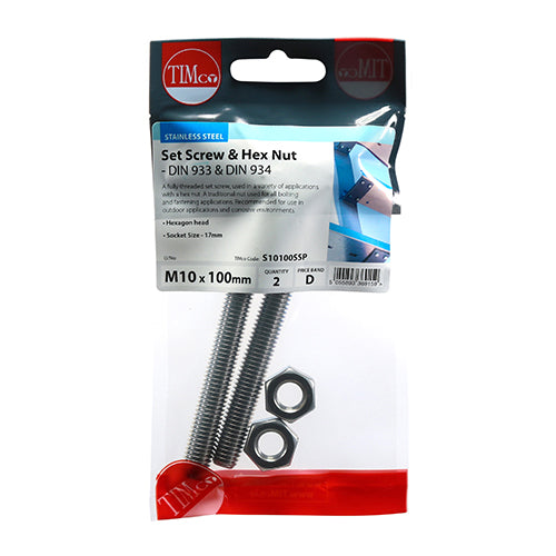 TIMCO Set Screws DIN933 Hex & Nut DIN934 Silver A2 Stainless Steel - M10 x 100