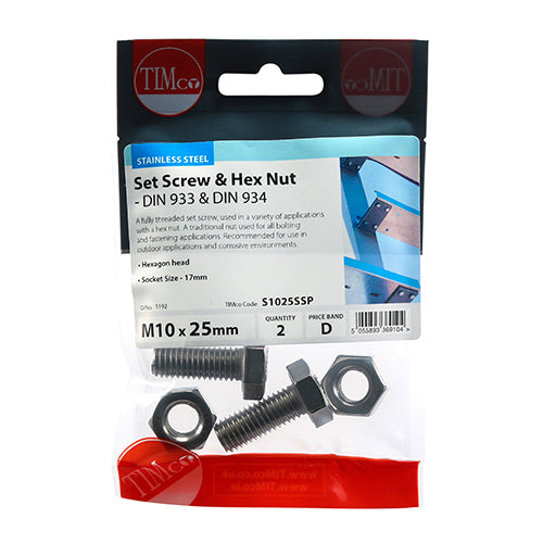 TIMCO Set Screws DIN933 Hex & Nut DIN934 Silver A2 Stainless Steel