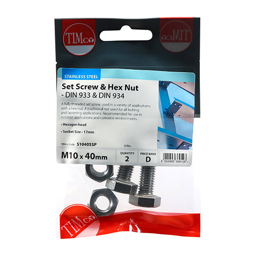 TIMCO Set Screws DIN933 Hex & Nut DIN934 Silver A2 Stainless Steel - M10 x 100