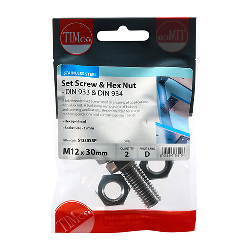 TIMCO Set Screws DIN933 Hex & Nut DIN934 Silver A2 Stainless Steel