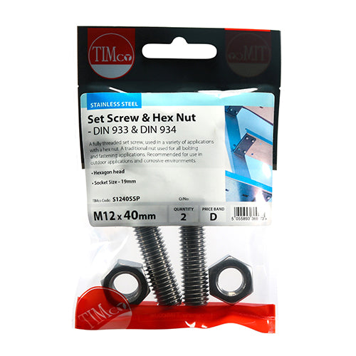 TIMCO Set Screws DIN933 Hex & Nut DIN934 Silver A2 Stainless Steel