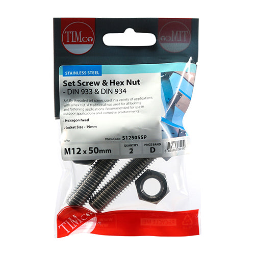 TIMCO Set Screws DIN933 Hex & Nut DIN934 Silver A2 Stainless Steel