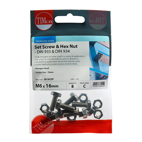 TIMCO Set Screws DIN933 Hex & Nut DIN934 Silver A2 Stainless Steel