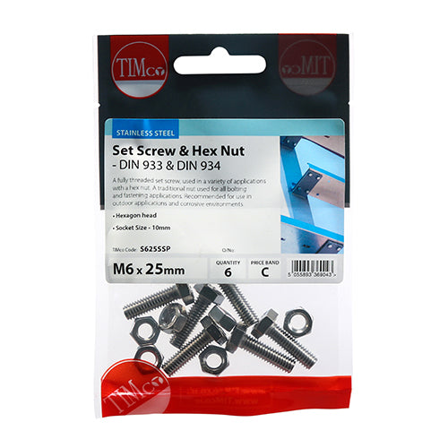 TIMCO Set Screws DIN933 Hex & Nut DIN934 Silver A2 Stainless Steel