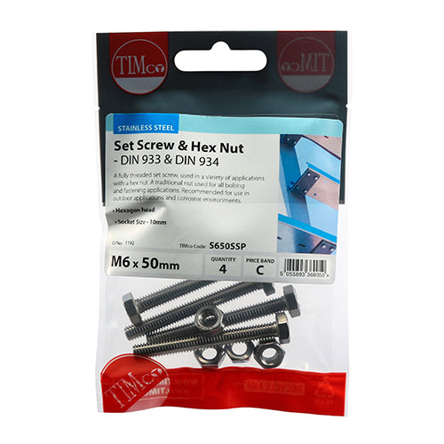TIMCO Set Screws DIN933 Hex & Nut DIN934 Silver A2 Stainless Steel