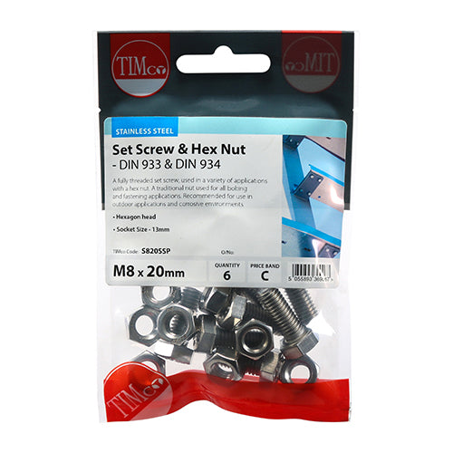 TIMCO Set Screws DIN933 Hex & Nut DIN934 Silver A2 Stainless Steel
