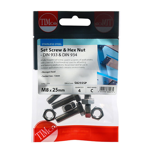 TIMCO Set Screws DIN933 Hex & Nut DIN934 Silver A2 Stainless Steel