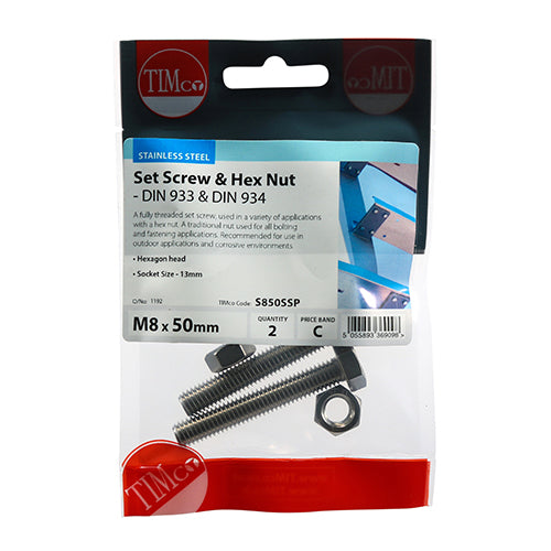 TIMCO Set Screws DIN933 Hex & Nut DIN934 Silver A2 Stainless Steel