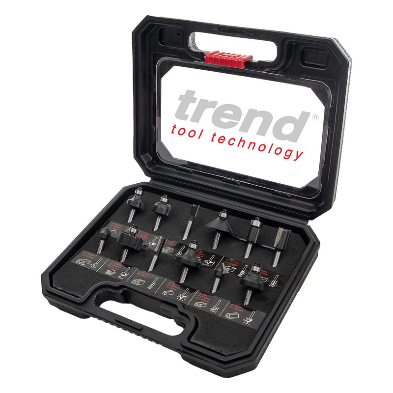 SET/SS8X1/4TC - Trend 12 piece 1/4in shank TCT Router Cutter Set - ideal starter / entry level set for smaller 1/4in collet routers.