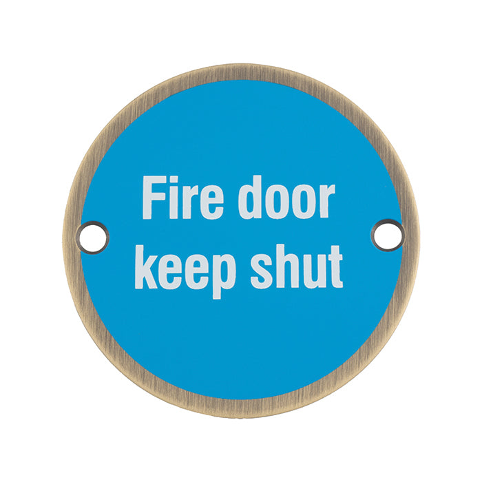 76Mm Sign - Fire Door Keep Shut - Face Fix - Antique Brass