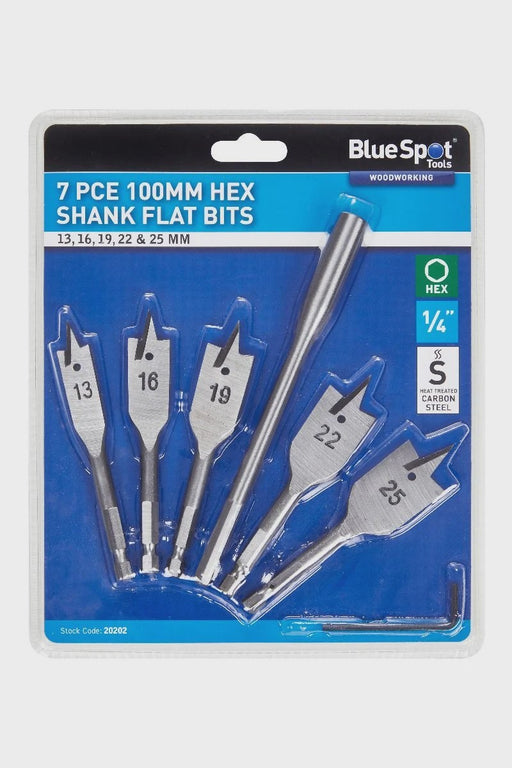 Blue Spot Tools 7 PCE 100mm Stubby Hex Shank Flat Wood Drill Bit Set (13-25mm)