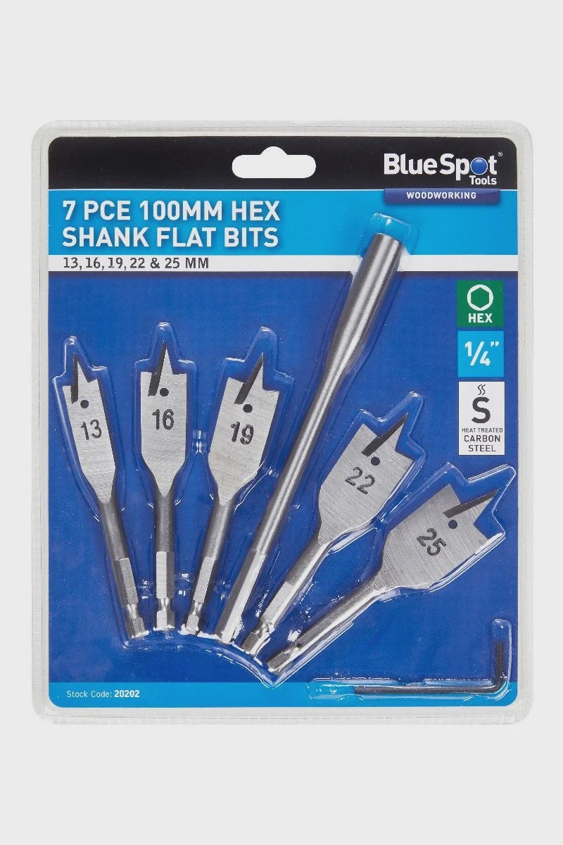 Blue Spot Tools 7 PCE 100mm Stubby Hex Shank Flat Wood Drill Bit Set (13-25mm)