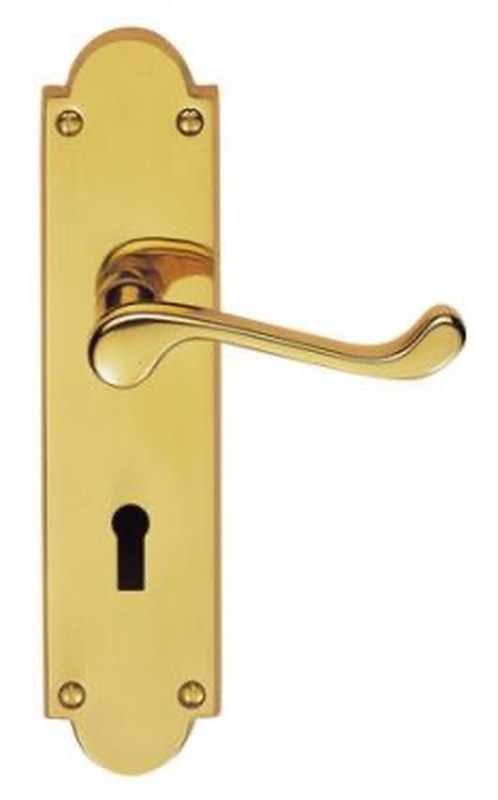 Victorian Scroll Lever On Shaped Backplate - Lock 57Mm C/C - Polished Brass 205