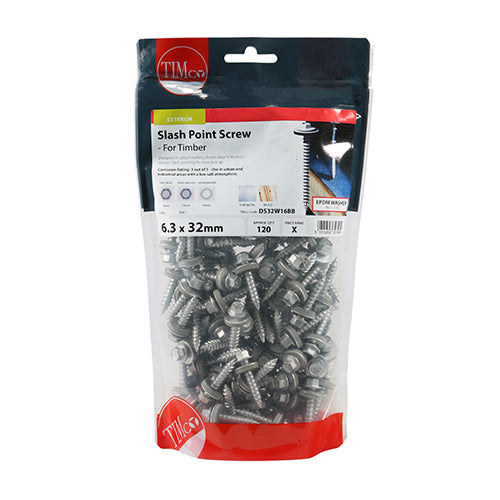 TIMCO Slash Point Sheet Metal to Timber Screws Exterior Silver with EPDM Washer - 6.3 x — Bag