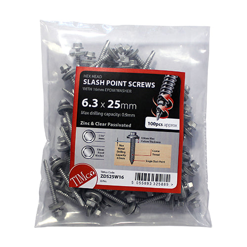 TIMCO Slash Point Sheet Metal to Timber Screws Silver with EPDM Washer