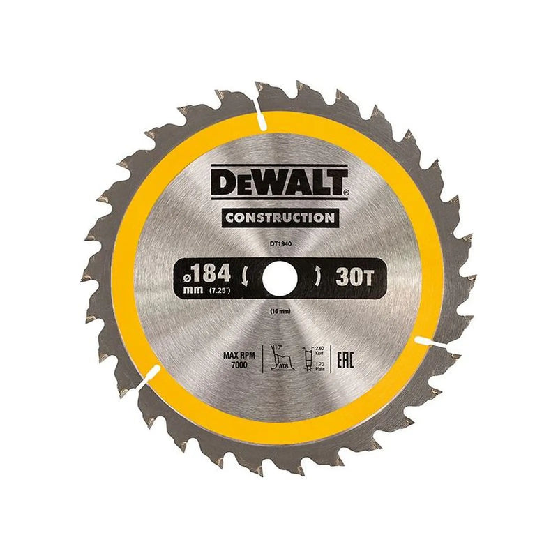 Dewalt Power Tools Portable Construction Circular Saw Blade 184 x 16mm x 30T