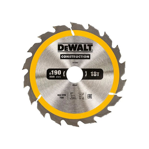 Dewalt Power Tools Portable Construction Circular Saw Blade 190 x 30mm x 18T