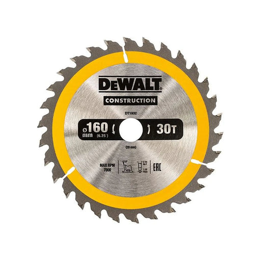 Dewalt Power Tools Portable Construction Circular Saw Blade 160 x 20mm x 30T