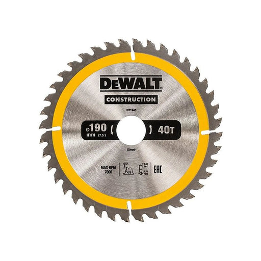 Dewalt Power Tools Portable Construction Circular Saw Blade 190 x 30mm x 40T