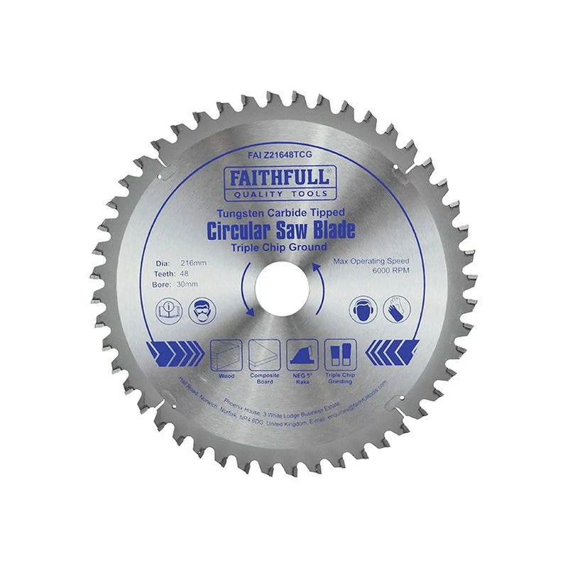 Faithfull TCT Circular Saw Blade Triple Chip Ground 216 x 30mm x 48T NEG