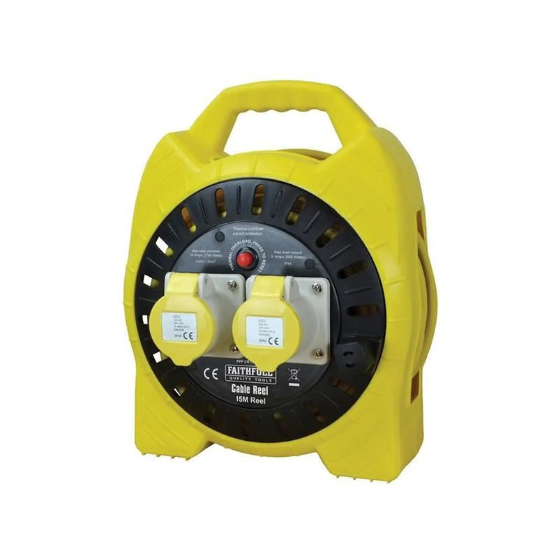 Faithfull Power Plus Semi-Enclosed Cable Reel 110V 16A 2-Socket 15m (1.5mm Cable)