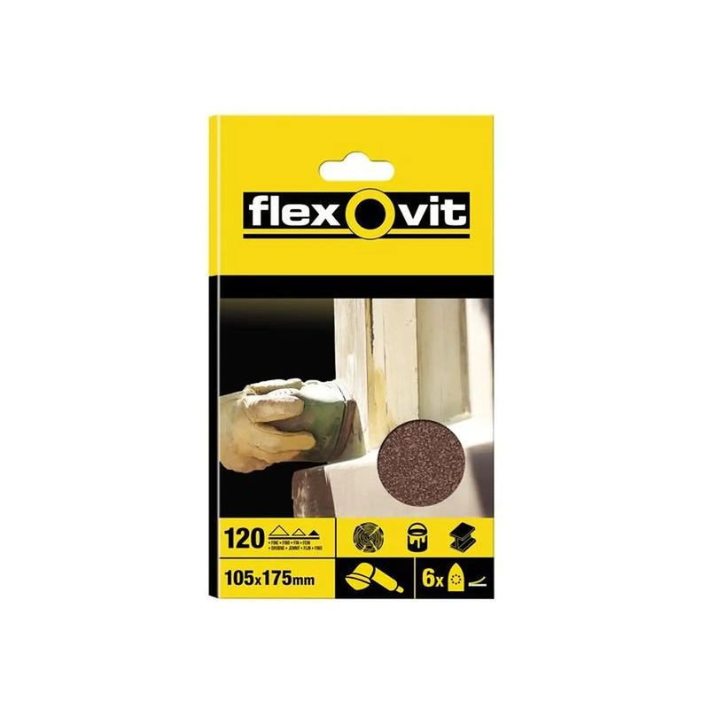 Flexovit Detail Hook & Loop Sanding Sheets 105x175mm Fine 120G (Pack 6)