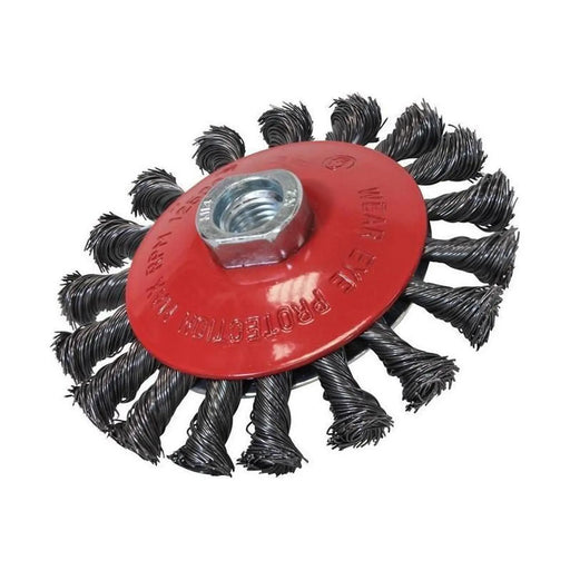 Faithfull Conical Wire Brush 100mm M14x2 Bore, 0.50mm Wire